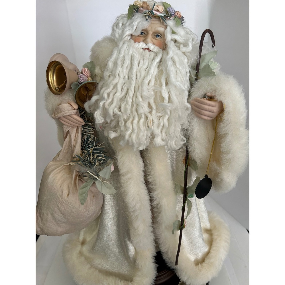 Santa Figurine Christmas White Gold Faux Fur Velvet Floral Brinn's 1993 Vintage